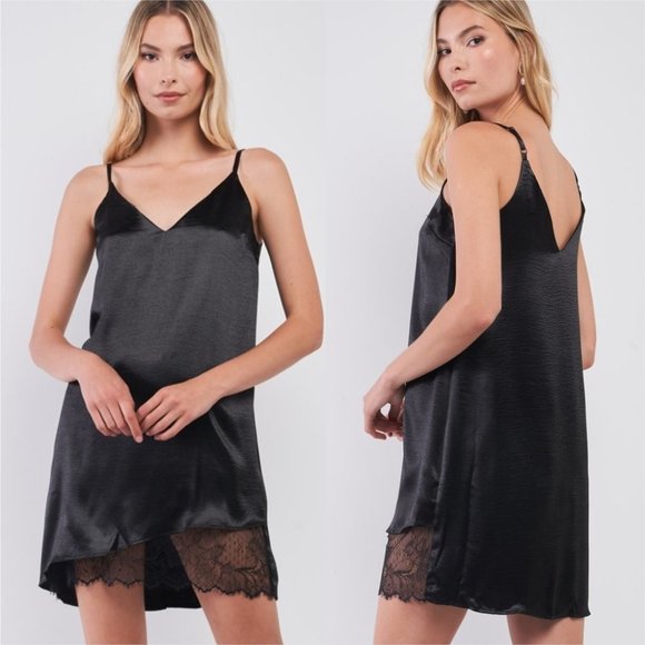 Black Satin Sleeveless Relaxed Fit V-Neck Asymmetr - Picture 2 of 8